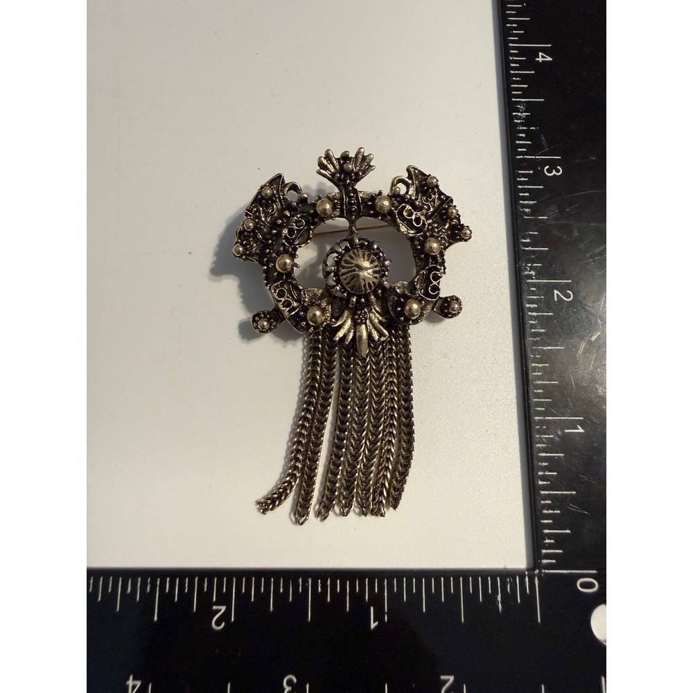 Vintage Silver Tone Ornate Fringe Brooch Victorian Style Tassel Chain Pin‎